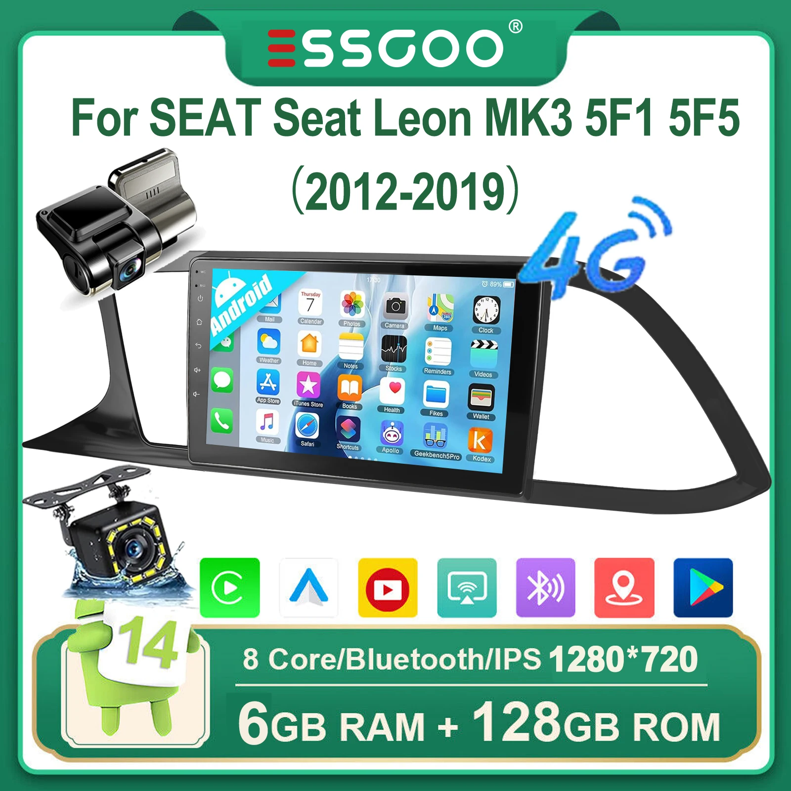 ESSGOO 6+128G 8-CORE Draadloze Apple Carplay Android Auto Voor SEAT Leon MK3 5F1 5F5 2012-2019 Android 15 9 Inch QLED Touchscreen Autoradio GPS Navigatie 4G WIFI SWC RDS Spiegelkoppeling FM/AM