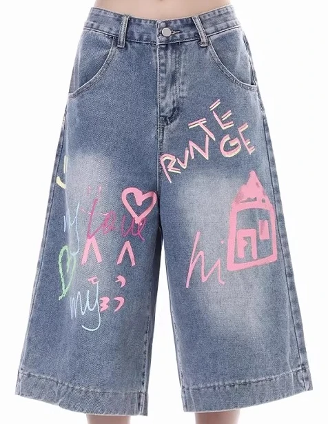 Pantalones cortos de mezclilla con estampado de grafiti Retro americano para mujer, novedad de verano, pantalones cortos holgados rectos de pierna ancha y cintura alta de 7 puntos
