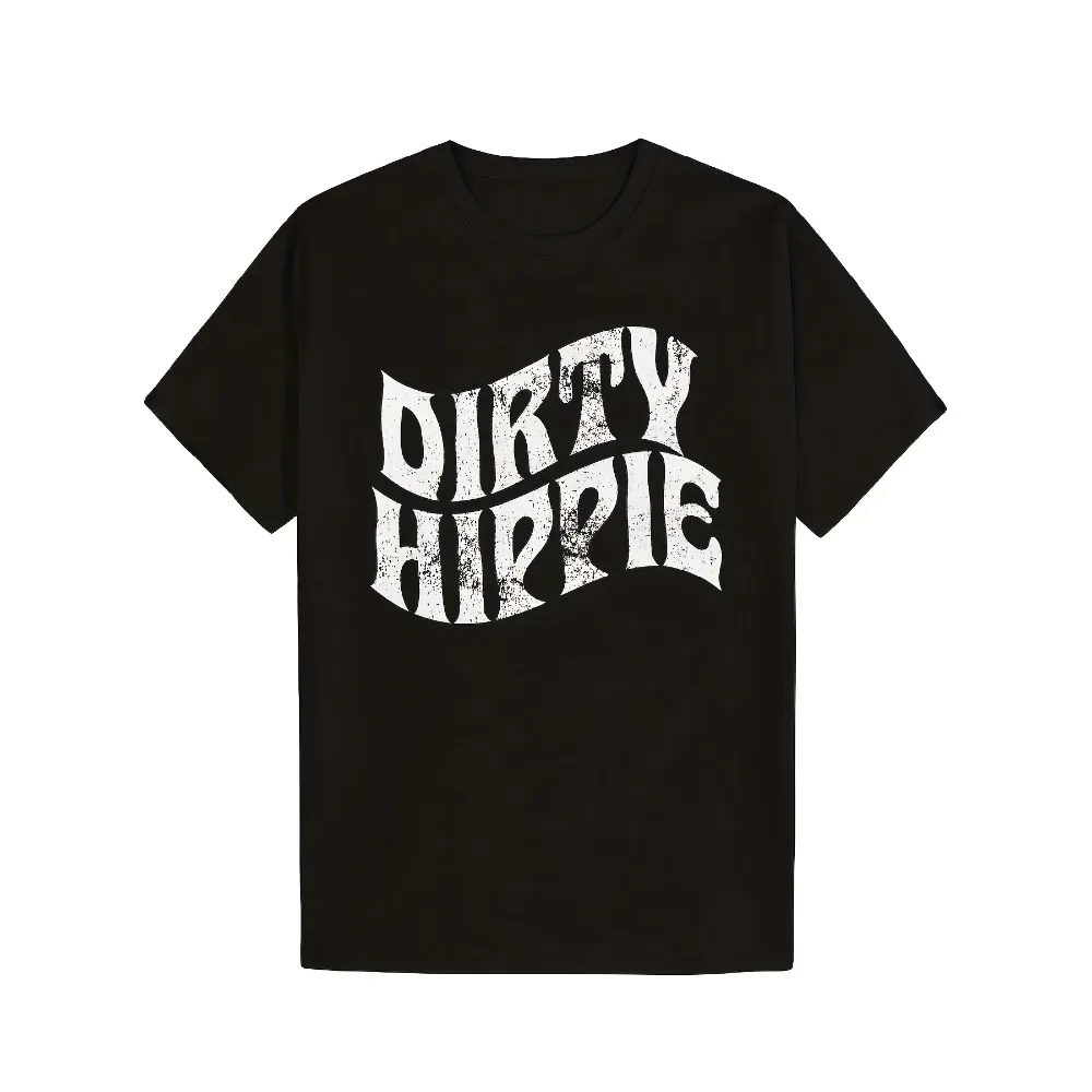 

Мужская и унисекс футболка с графическим принтом в стиле грязного хиппи - 180 г/м², мягкий хлопок, черная с белой состаренной надписью, повседневная уличная одежда