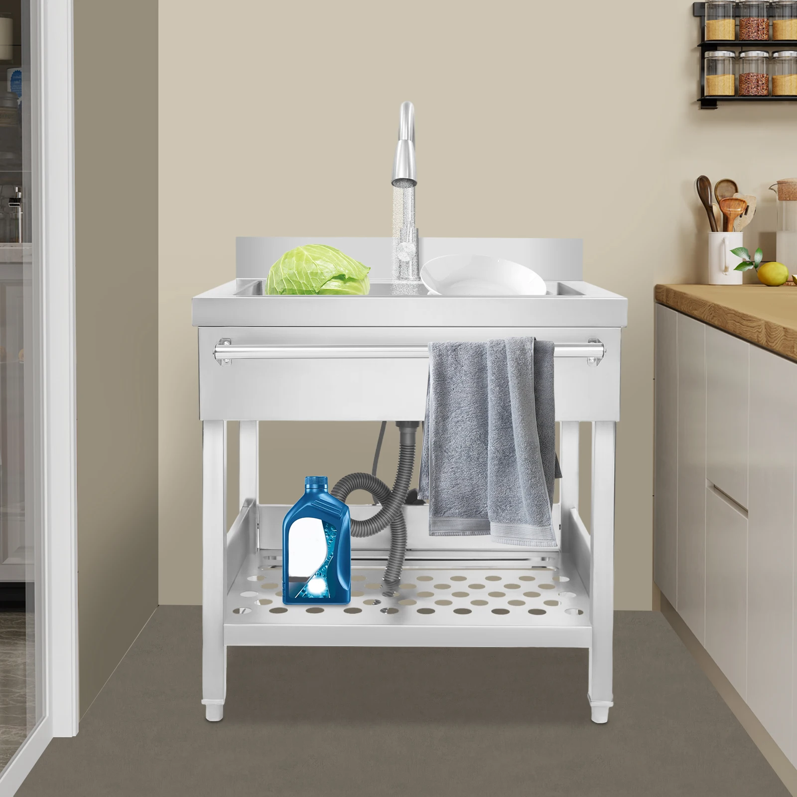 

201 Stainless Steel 78x56x100cm Free-standing Sink with Telescopic Faucet Storage Rack Independent Kitchen Sink