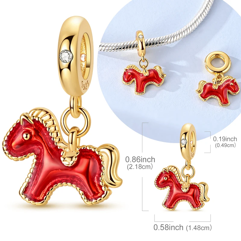 Abalorios de plata de ley 925 originales, colgante de caballo rojo alegre chapado en oro, compatible con pulsera y collar originales para mujer, regalo DIY