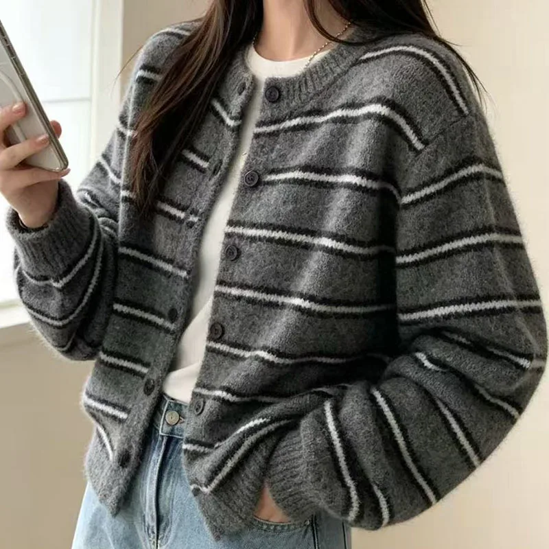 Splicing Stripe Knitted Cardigan for Women Autumn Korean Style Long Sleeve Coats Single Breasted O-neck Personalized Tops