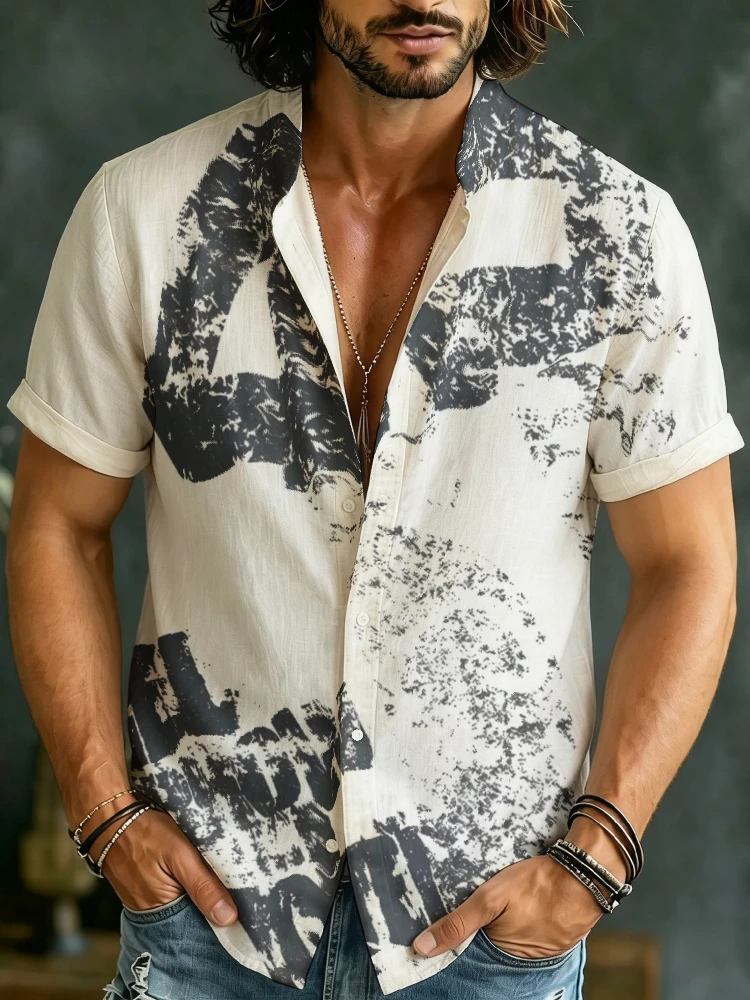 Retro Grunge Graffiti Alphabet Print Men Stand Collar Shirt Lightweight Breathable Summer Short Sleeve Harajuku Sports Wear Tops