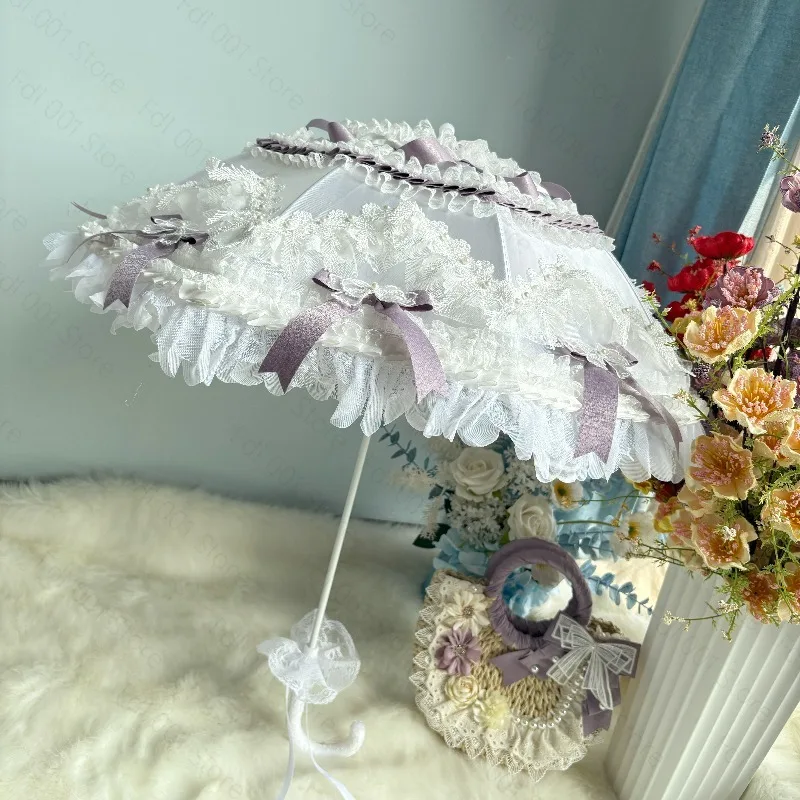 Parapluie Lolita Girl Heart Princess en dentelle violette et blanche, sac tissé à main, accessoire de photographie de voyage, parapluie Lo