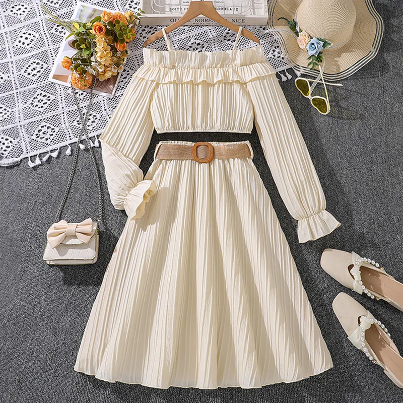 

2024 New Clothing Set Girl Long Sleeve Slash Neck Ruffles T-shirt Blet Beige Skirts 2 Pcs Sets Casual Girls Clothes Sets 8-12T