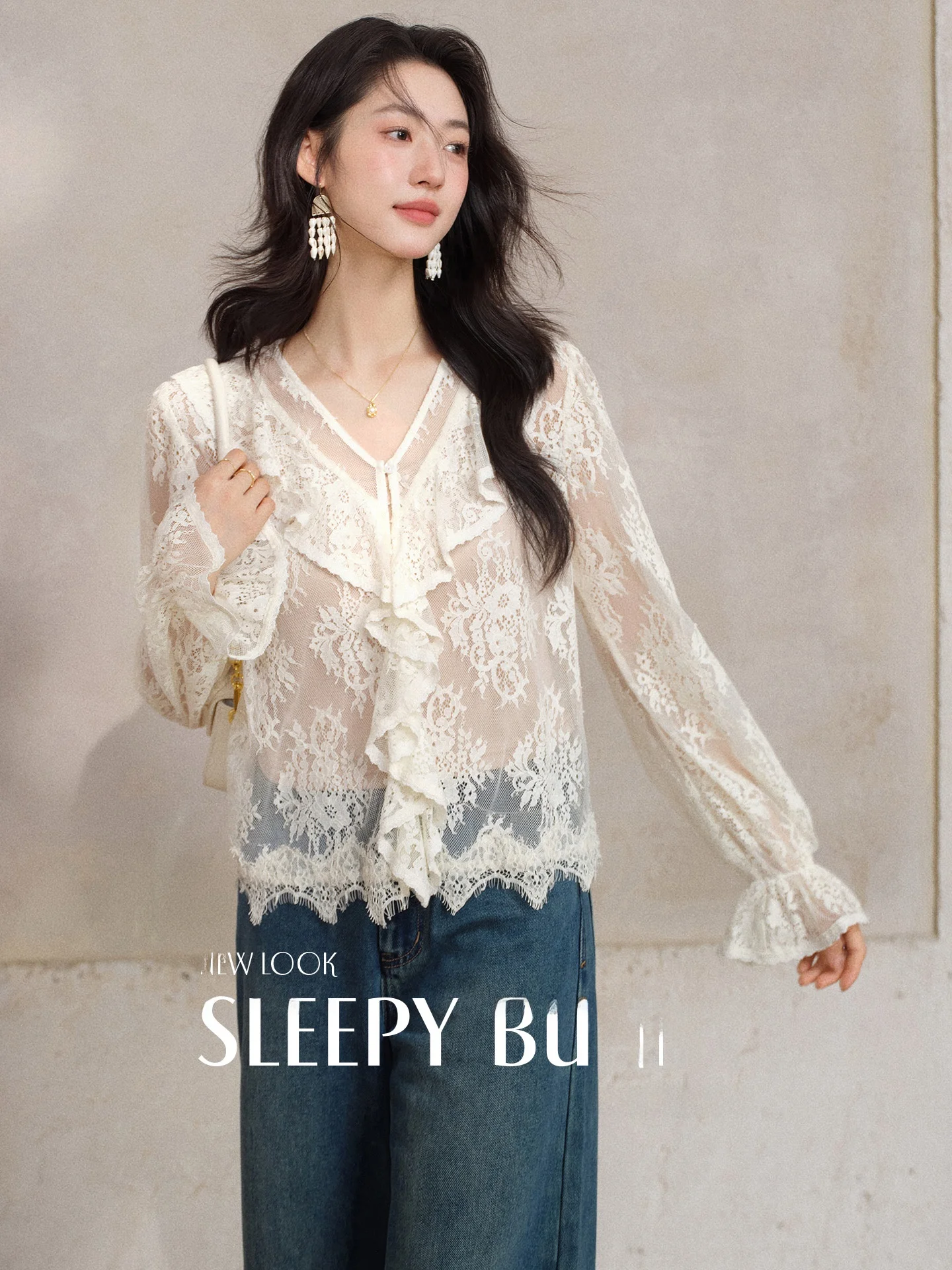 

bunny Spring Sweet Aosphere Women's Lace Bubble Sve V-ne Pleated Chiffon Top Long Sve Loose Fit Faion