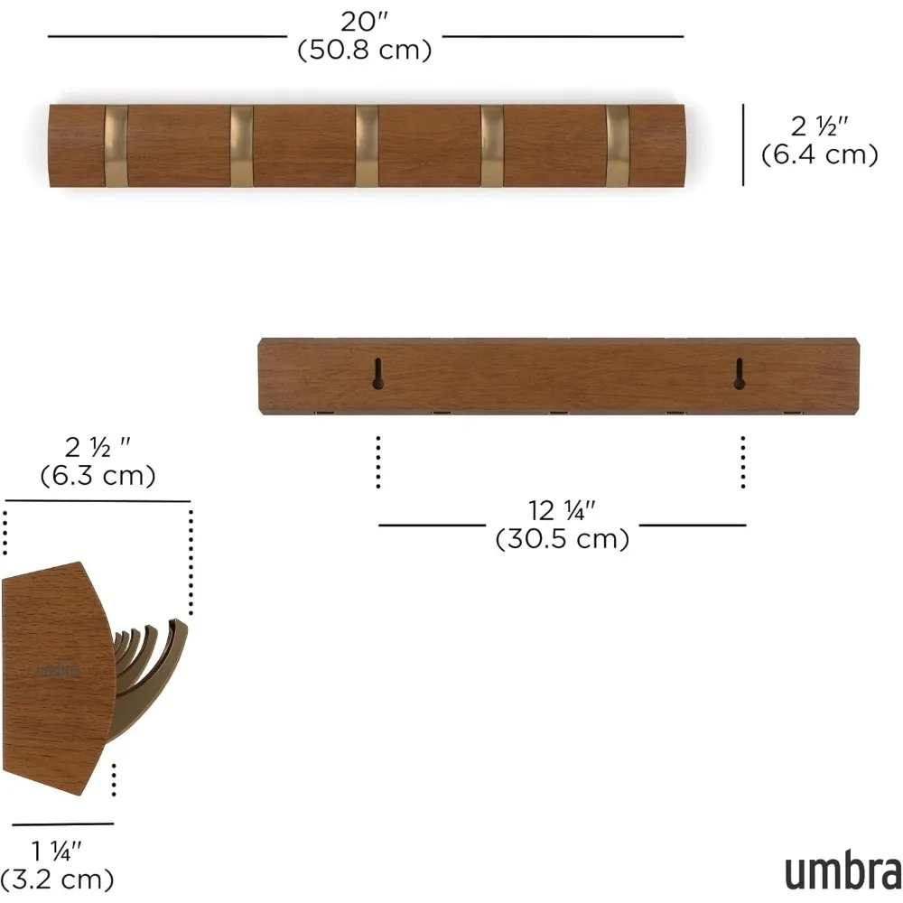 Support mural flottant moderne avec crochets rétractables pour manteaux, foulards, sacs à main - finition noyer/or