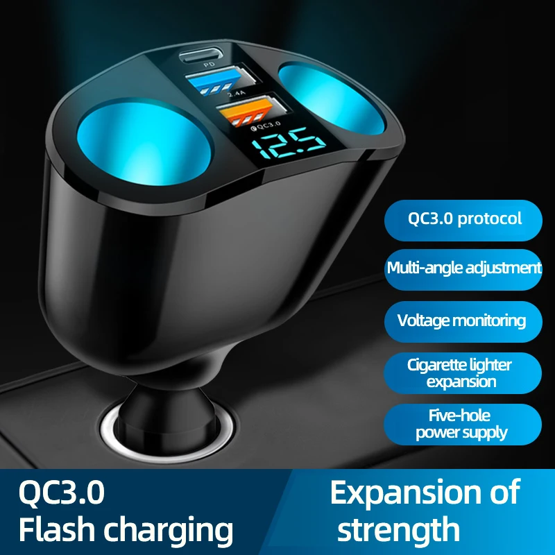 

Car Cigarette Lighter 360 Degree Rotating PD 30W QC 3.0 2.4A Dual Cigarette Lighter Vehicle Mounted Charger Automobile Supplies