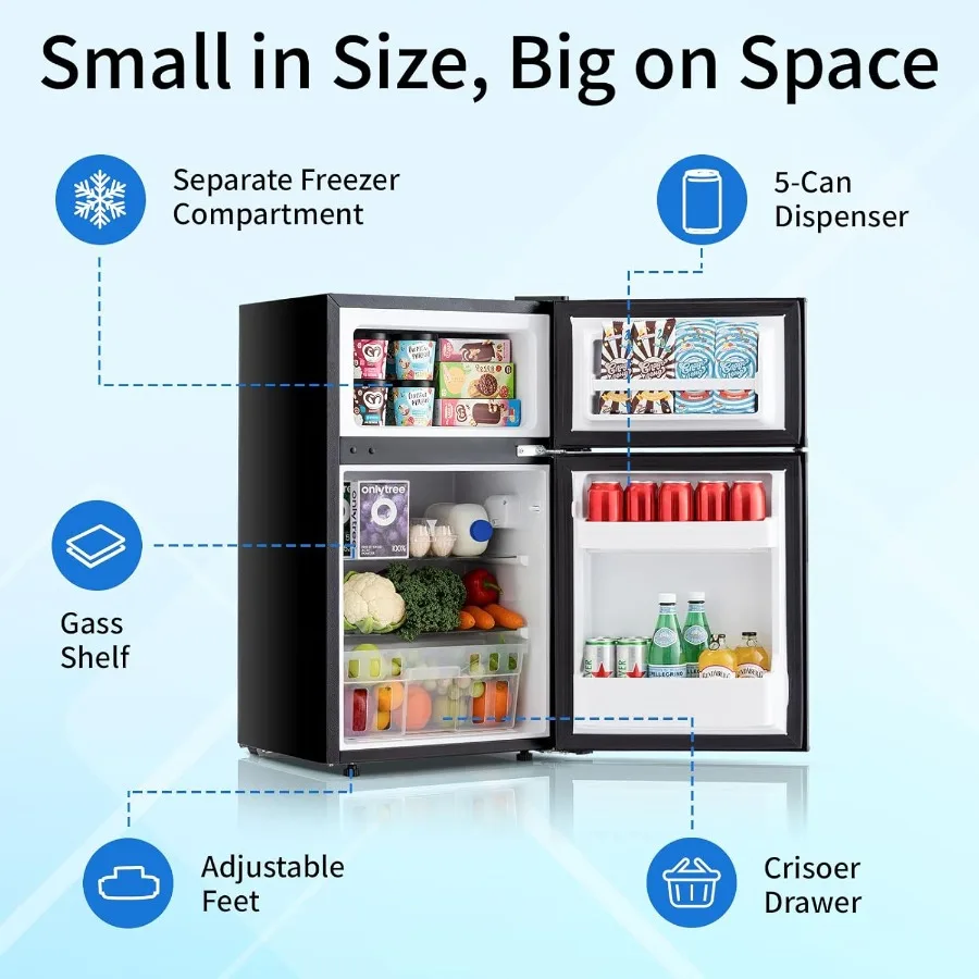 ثلاجة مدمجة 3.2 قدم مكعب ثلاجة صغيرة مع فريزر وإعدادات 7 درجات الحرارة للنوم أو الشقة تستخدم تصميم باب مزدوج