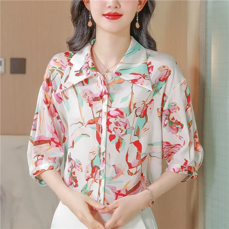 

Satin Vintage Women's Shirt Summer Prints Blouses Loose Fit Silk Short Sleeve Women Tops Fashion Clothing 2024 Korean