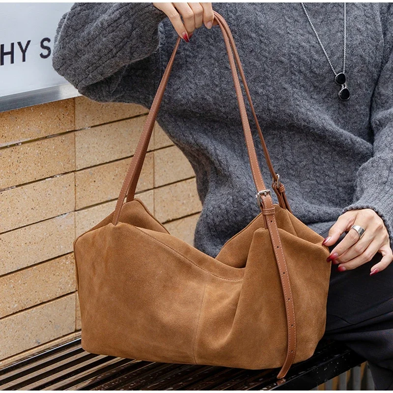 

Ladies Suede Pillow Handbag Soft Cow Genuine Leather Shoulder Bag Lady Large Thin Shoulder Strap Zipper Tote Bag Lazy Commuting