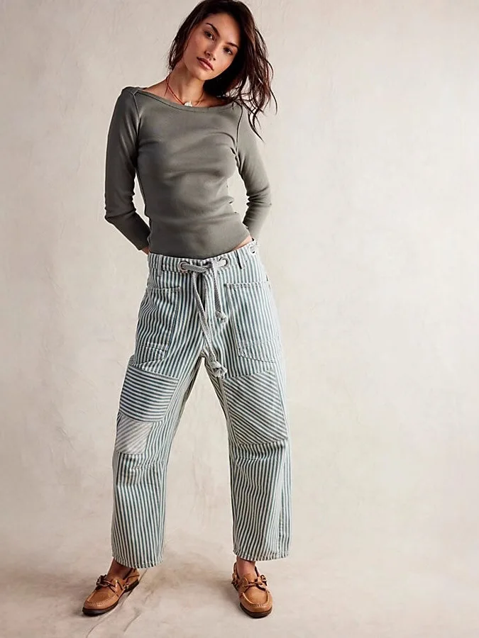 Mid-Rise Pants Workplace Commuter Casualwear Pants Oversized Relaxed Wide-Leg Pants Striped Patchwork Drawstring Trousers