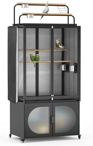 72-Inch Bird Cage with Play Top, Parakeet Cage with Rolling Storage Cabinet Extra Large with Cover for Parrot
