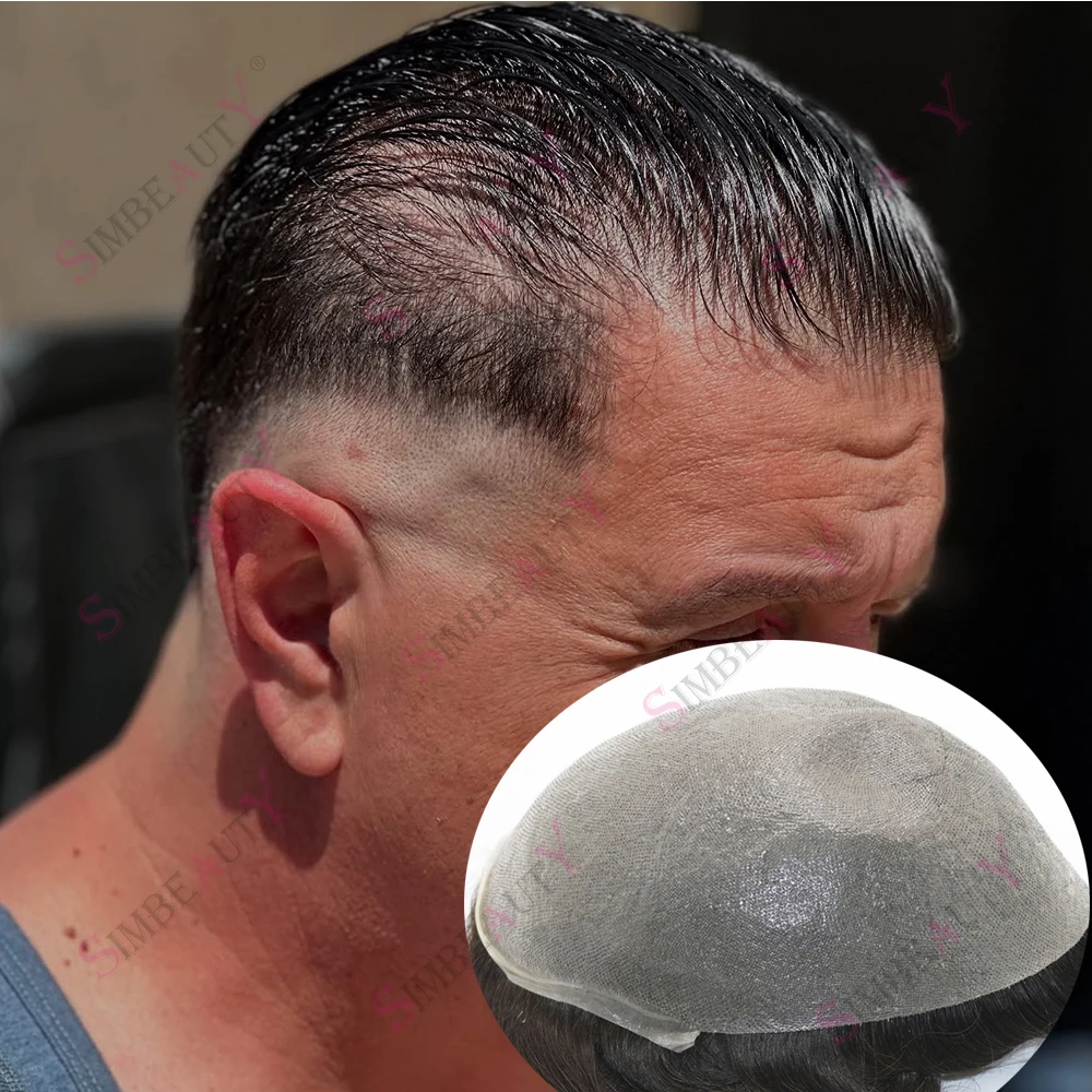 

0.02mm Ultra Thin Skin Invisible Hairline Male Hair Prosthesis Black Natural Human Hair Replacement System 1b20 Grey Mens Toupee