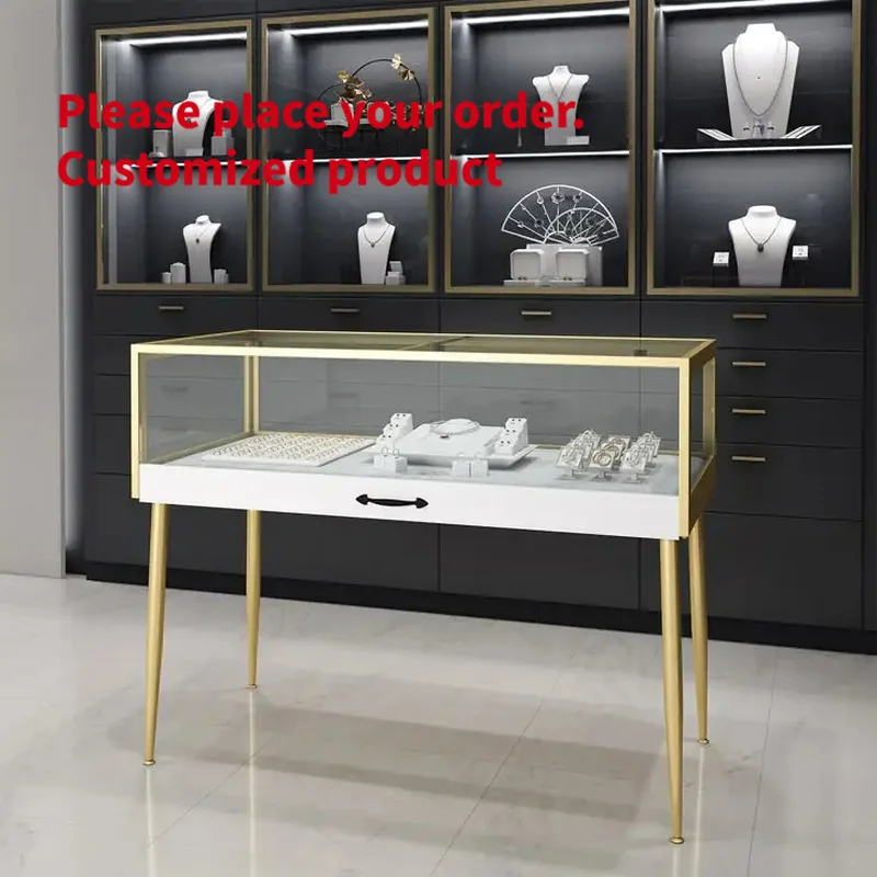 custom.Custom Black and White Matching Jewelry Display Set Golden Tapered Leg Glass Top Island Showcase LED Backlit Wall Cabinet