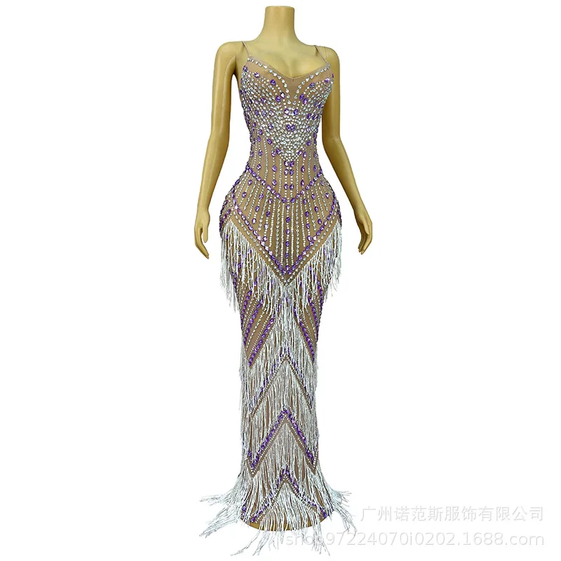 Sexy Suspender Low Cut Fringed Drape Dress Adult Model Catwalk Trendy Clothes Company Annual Meeting Evening Dress Show Costumes