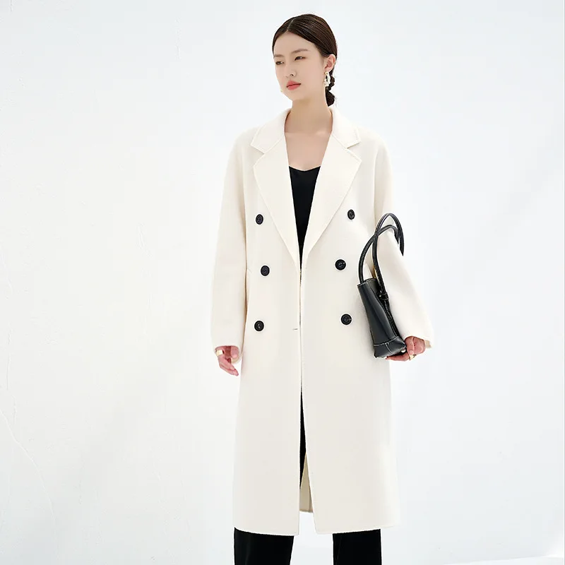 Winter White Coat Women 100% Cashmere Coat Female Autumn Classic Black Straight Tube Double breasted Coat Temperament Commuting