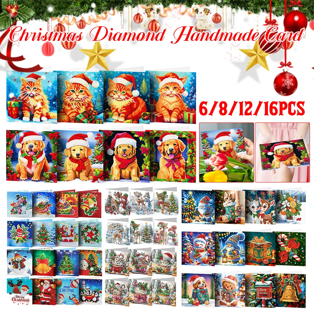 

12pcs Christmas Cards Diamond Painting Card Diy Diamond Embroidery With Envelope Card Set Festival Greeting Card Christmas Gift