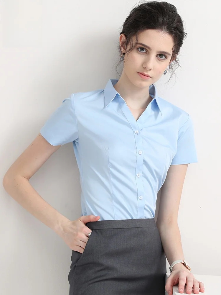 

Romon Women's White Shirt Summer Short Sleeve V-Neck Business Workwear Iron-Free Slim Fit Blue Dress Shirt Professional Formal