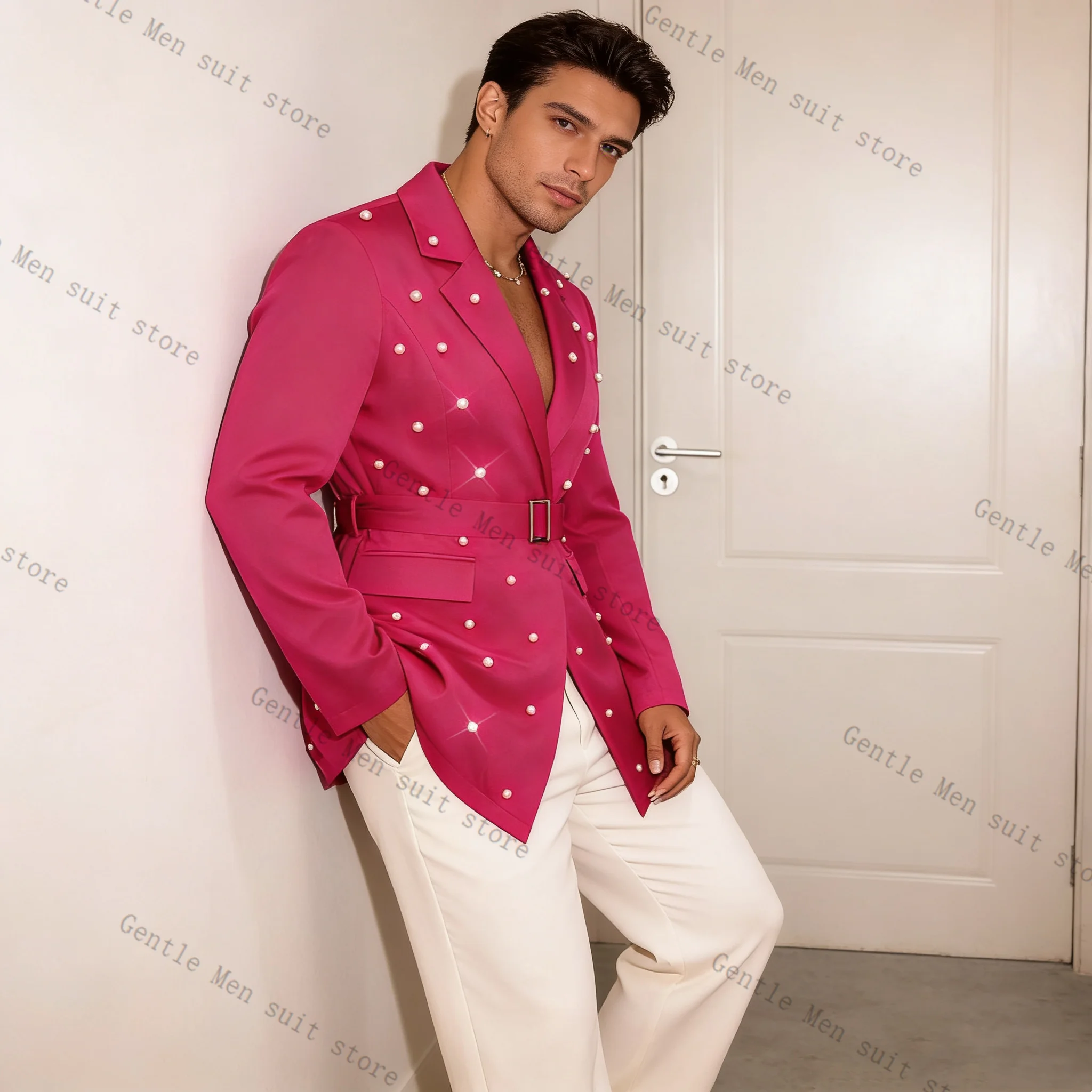 

Crystals Men Suit Set 2 Pcs Pink Blazer+Pants Trousers Belted Groom Wedding Tuxedo Formal Office Business Jacket Coat Customized