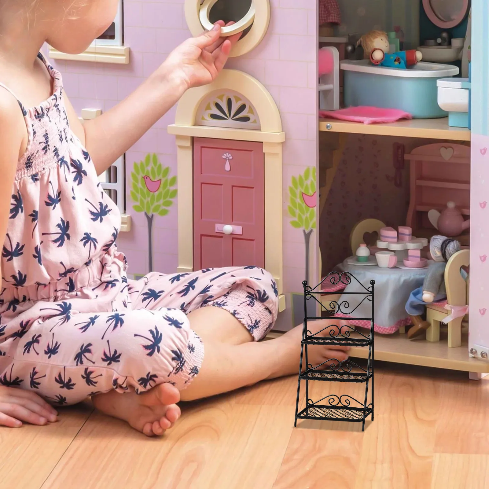 

Mini Iron Small Flowerpot Shelf Delicate Miniature House Display Rack Storage Stand Balcony Decorative Mini Furniture Accessory