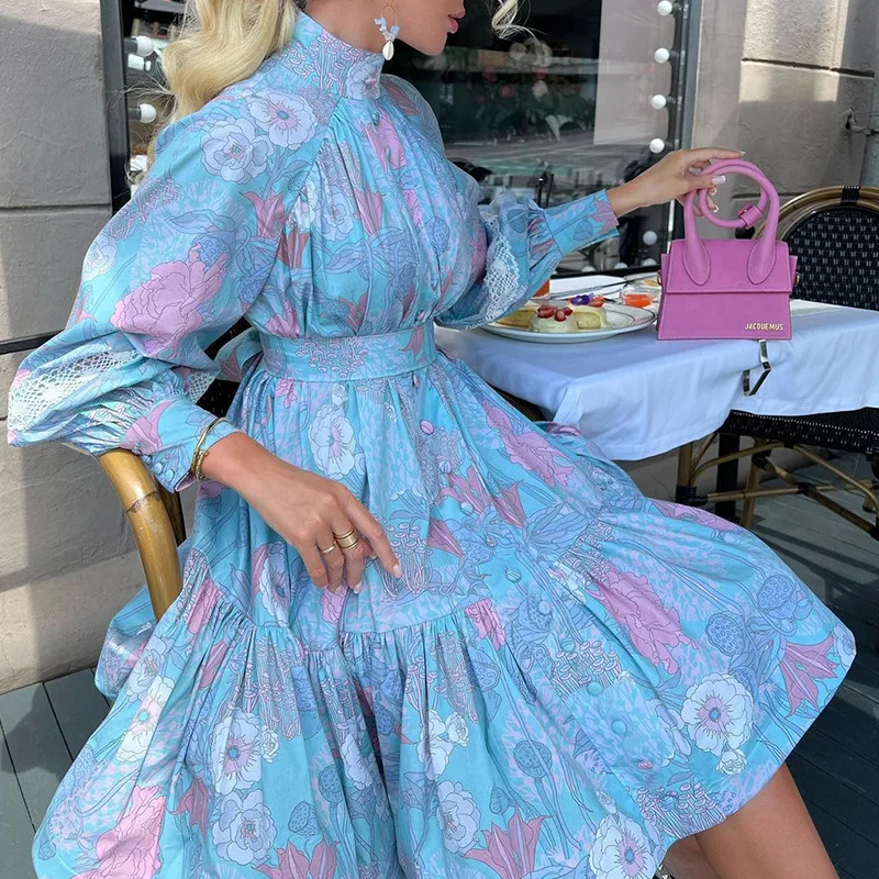 Women Long Sleeve Stand Collar Shirt Dress Spring Autumn Printed Short Dresses Elegant High Waist Party Midi Dresses Vestidos