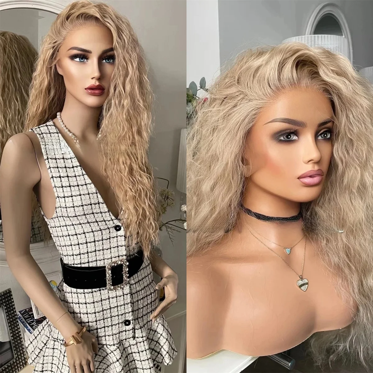 13x4 Ombre Light Blonde Deep Curly HD Transparent Lace Front Synthetic Wig Human Hair Blend Synthetic Wigs High Density Cosplay