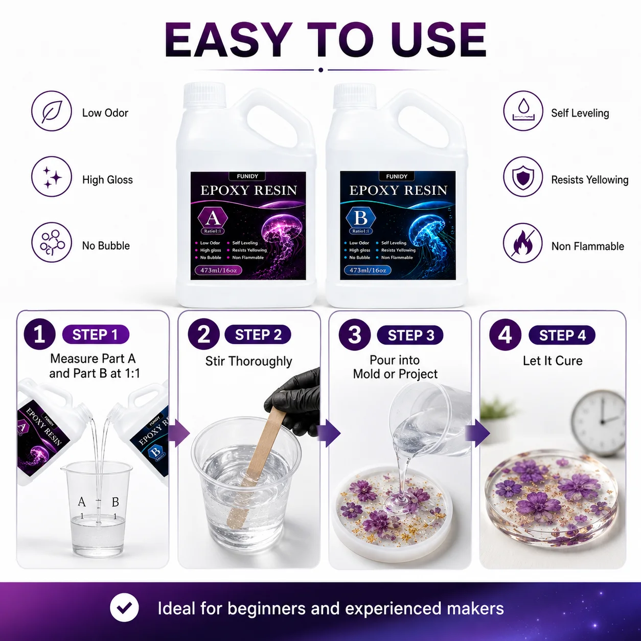 Klares Epoxidharz-Set Geeignet für DIY, 1:1 Verhältnis No-Mix-Formel für Schmuckherstellung, Tischplatten-Bastelarbeiten, Holzanwendungen, Formen – Detail 6
