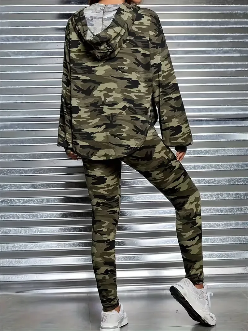 Damen Camouflage-Print Kapuzen-Trainingsanzug, Oversize Langarm-Hoodie, Jogginghose mit Bündchen, Lässige Loungewear, Zweiteiliges Outfit-Set – Detail 4