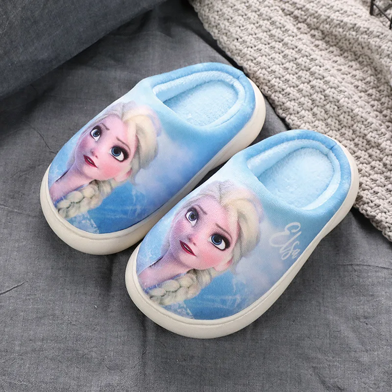 Disney Winter Cute Cartoon Non-slip Children\'s Plush Slippers Soft Sole Flip Flops Kids Girls Indoor Mule Warm Home Cotton Shoes