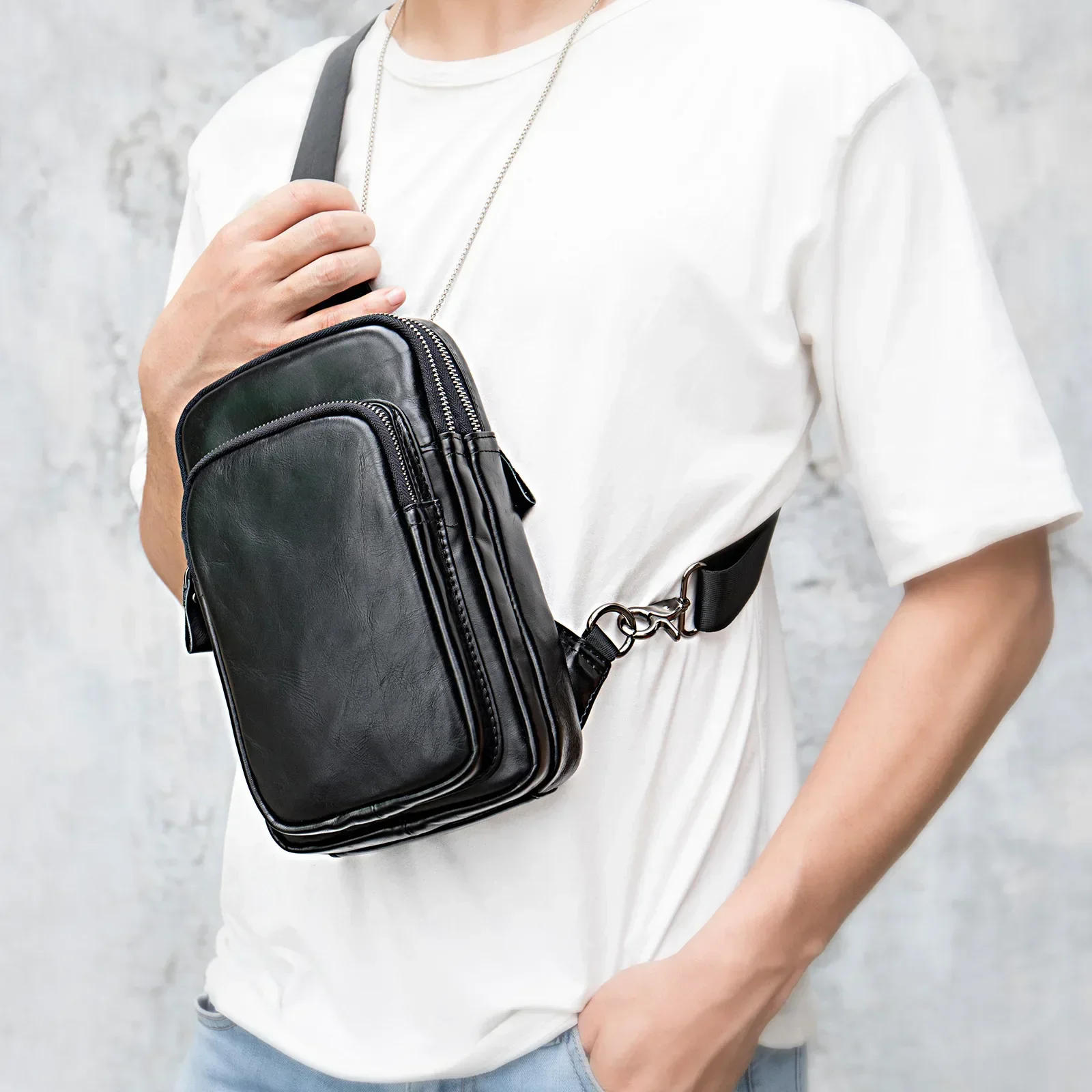 Brand100% Genuine Leather Sling Bag Men Messenger Bags for Men Black Chest Bags for Phone Casual Sport Shoulder Bag