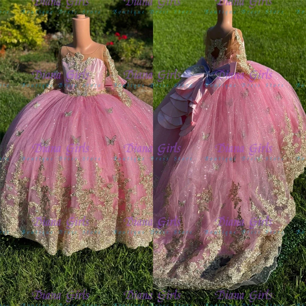 

Великолепное платье с цветочным узором для девочек, качественное розовое тюлевое пышное золотое платье с аппликацией и длинным хвостом для детей, вечерние бальные платья на день рождения