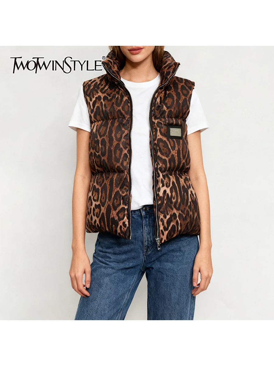 

TWOTWINSTYLE Fashion Leopard Spliced Zipper Vests for Women High Neck Sleeveless Patchwork Appliques Casual Vest Female Clothing