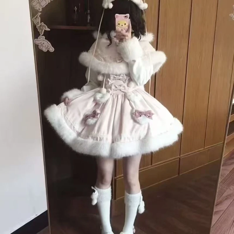 Japanese Sweet Lolita Style 2 Piece Set Women Kawai Bow Bunny Hooded Cloak Coat Pink Plush Party Mini Dress Korean Y2k Cute Suit image 5