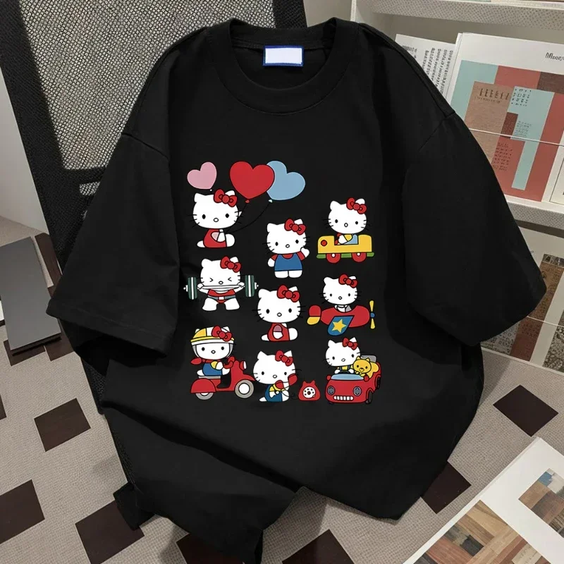 Hello Kitty Kawaii Cotton T-shirt Sanrioed Anime Fashion Women's Top Summer Cas…