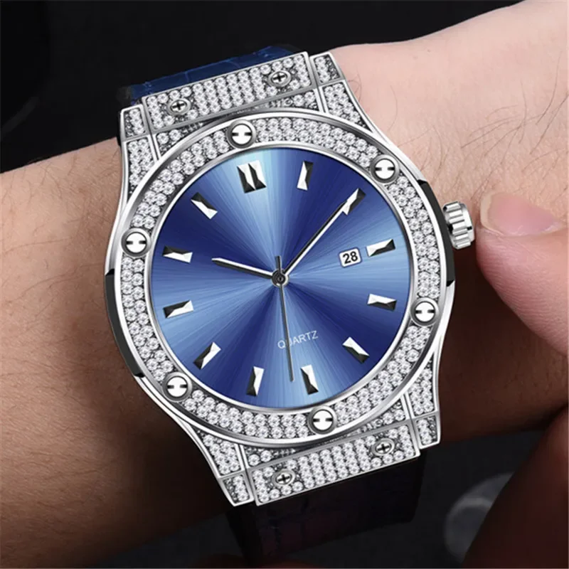 Hip Hop Bule Diamond Luxury Brand Mens Fashion Rubber Band Watch