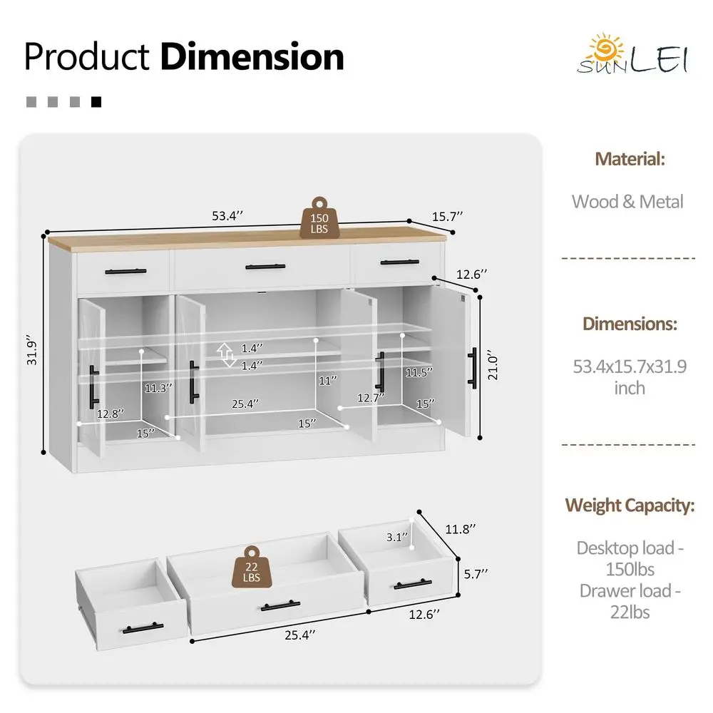 

Buffet Cabinet with Storage, Farmhouse Storage Cabinet with 4 Doors and 3 Drawers, Coffee Bar Station Wood Buffet Table with Ad
