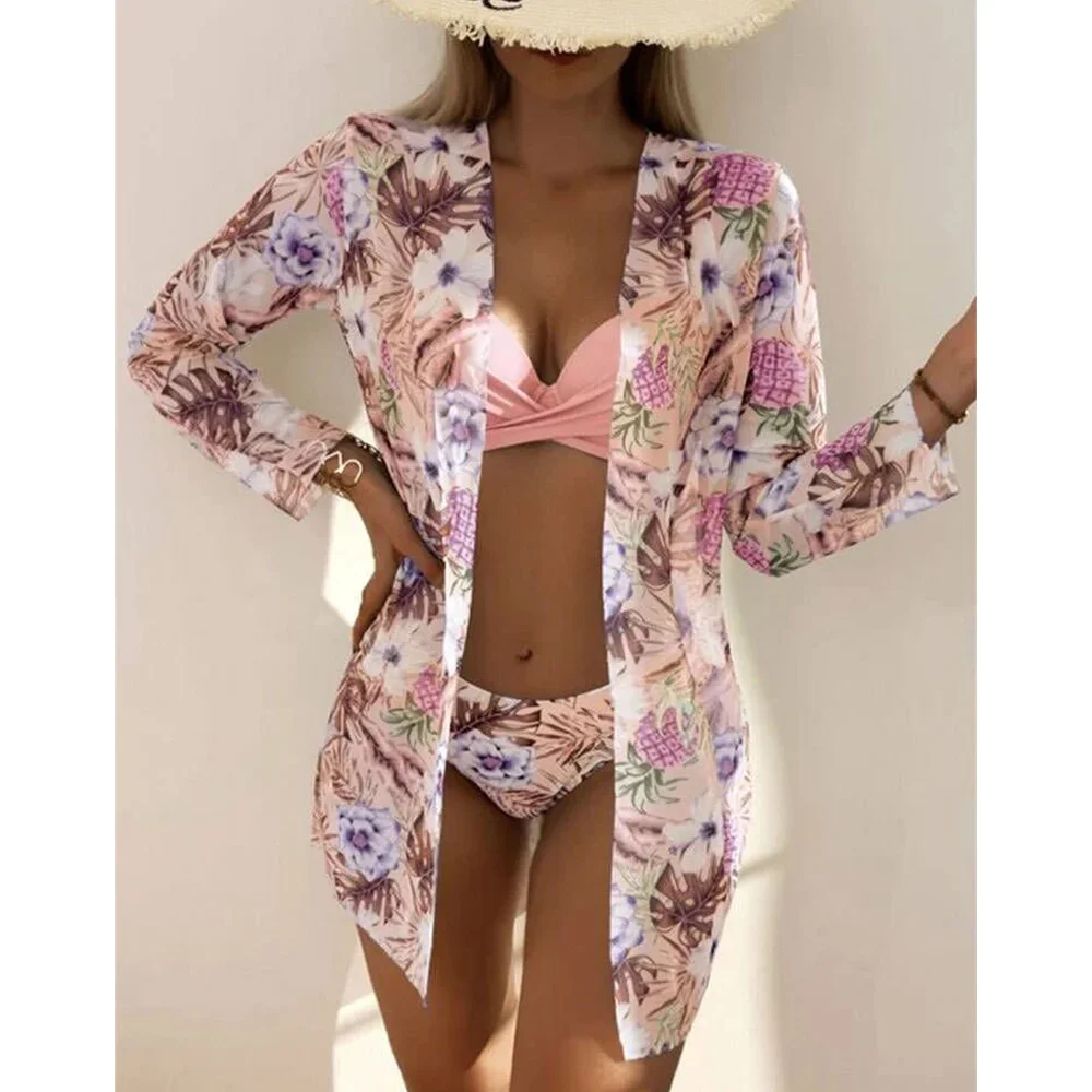 Three Pieces Bikini Set Cover Up Women 2023 New Push Up Twist Swimsuit Print Long Sleeve Swimwear Biquini Bathing Suit Summer