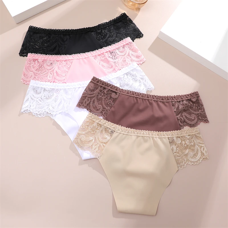 FINETOO 3Pcs Seamless Women Comfort Underwear Sexy Lace Hollow Out Briefs Girls Low Rise Sport Panty Soft Breathable Lingerie