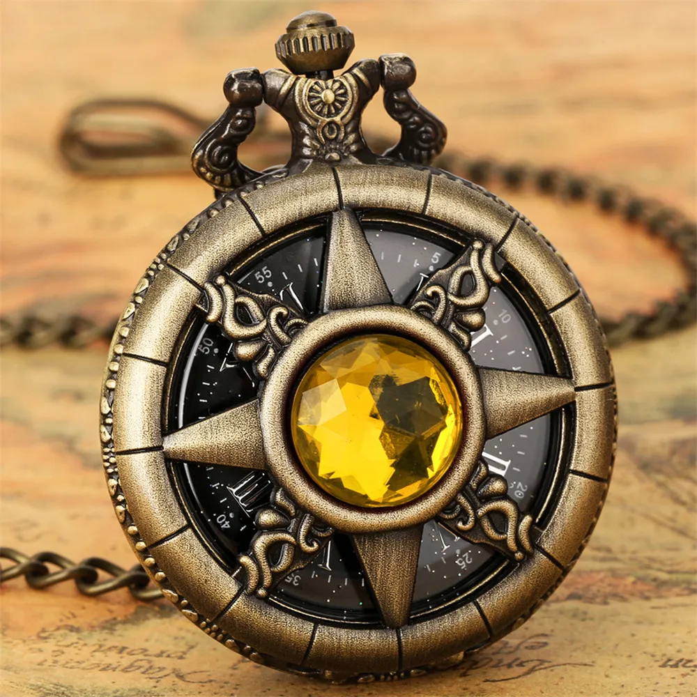 Hollow Sun Rhinestone Decorated Chic Bronze Quartz Pocket Watch Men Women Black Starry Roman Numerals Fob Chain Pendant Clock