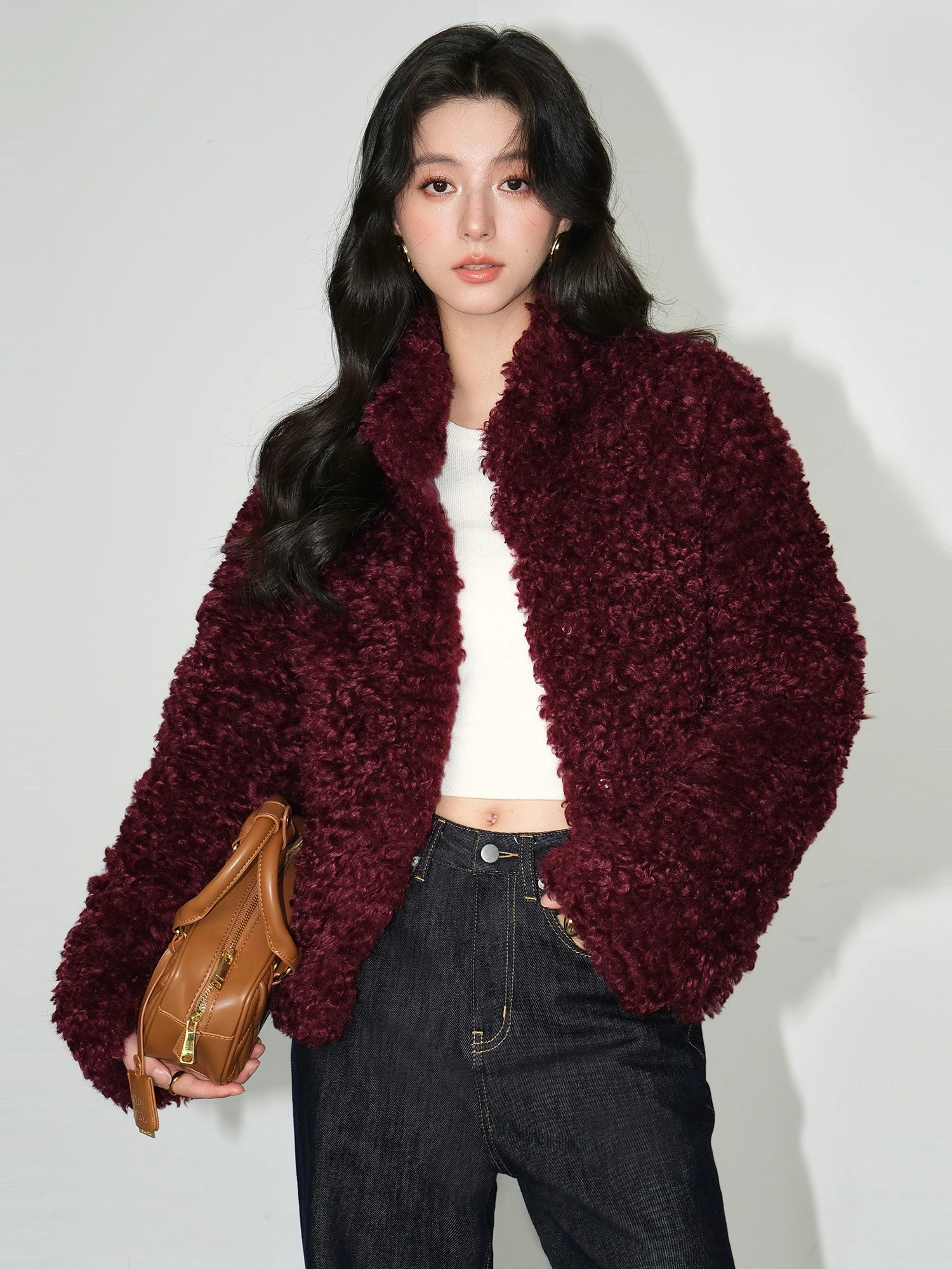 

NEVA HU Women's ort Loose Fur Jaet Warm Polyester Fiber Simulation Leather Warmth Stand Collar Long Sve Color