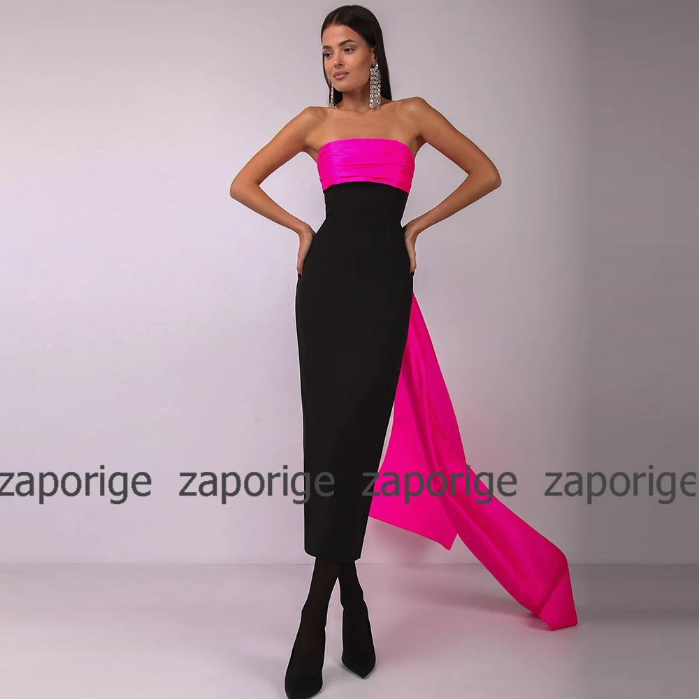 Classic Formal Party Dresses Jersey Contrast Color Black And Hot Pink Bow Evening Dress Column&Sheath Strapless Midi Dresses