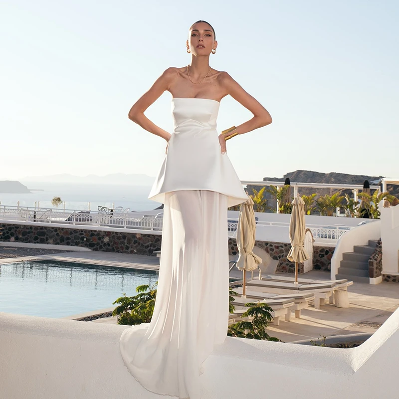 

Eightree Boho Beach A-Line Wedding Dresses Strapless Sleeveless Satin Chiffon Bridal Dress Formal Wedding Prom Gowns Customized