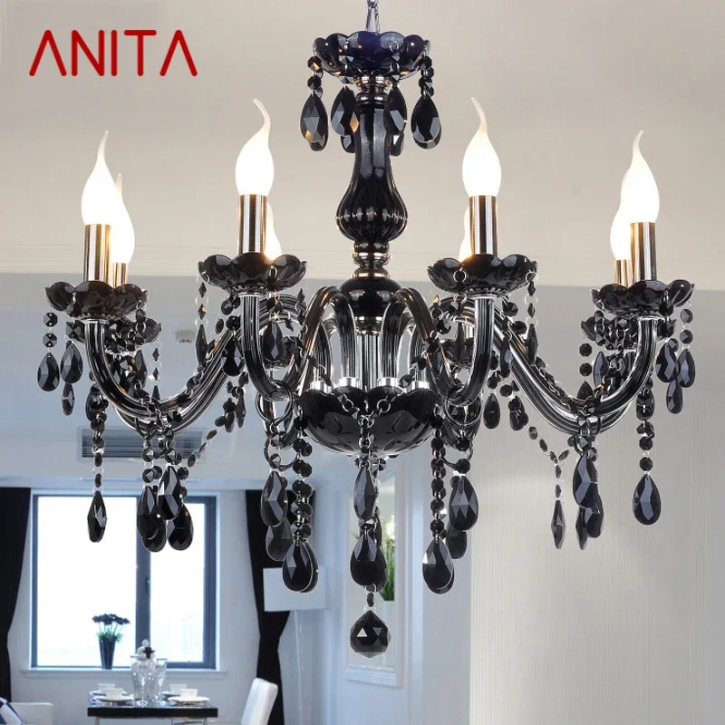 

ANITA European Style Crystal Pendant Lamp Black Candle Lamp Luxurious Living Room Restaurant Bedroom Villa Chandelier