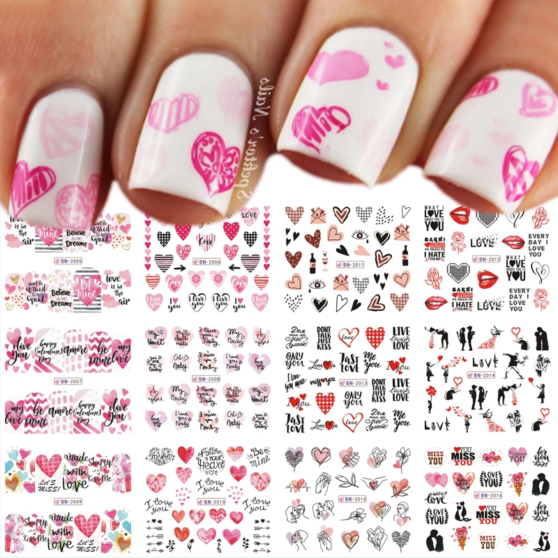 12 Patronen Valentijnsdag Schuifregelaar Stickers Voor Nagel Hart Bloem Letter Water Slider Gel Polish Charm Decals Manicure Decor