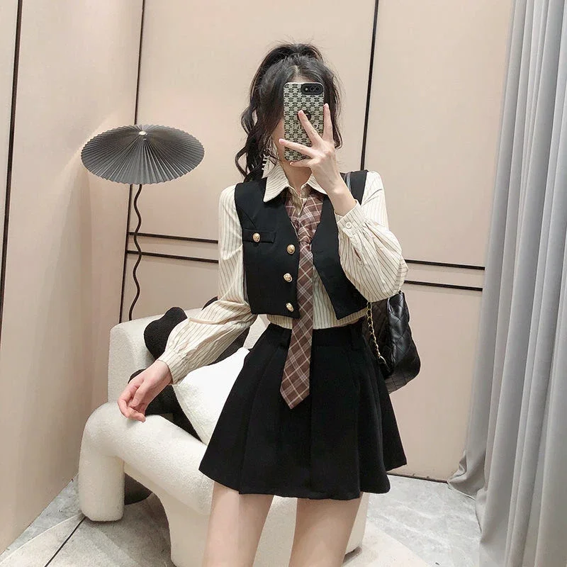 كوريا طويلة الأكمام أعلى أسود تنورة قصيرة دعوى النادي الليلي حزب اللباس جديد نمط Preppy تنورة صغيرة الربيع y2k أربع قطع مجموعة النساء #3