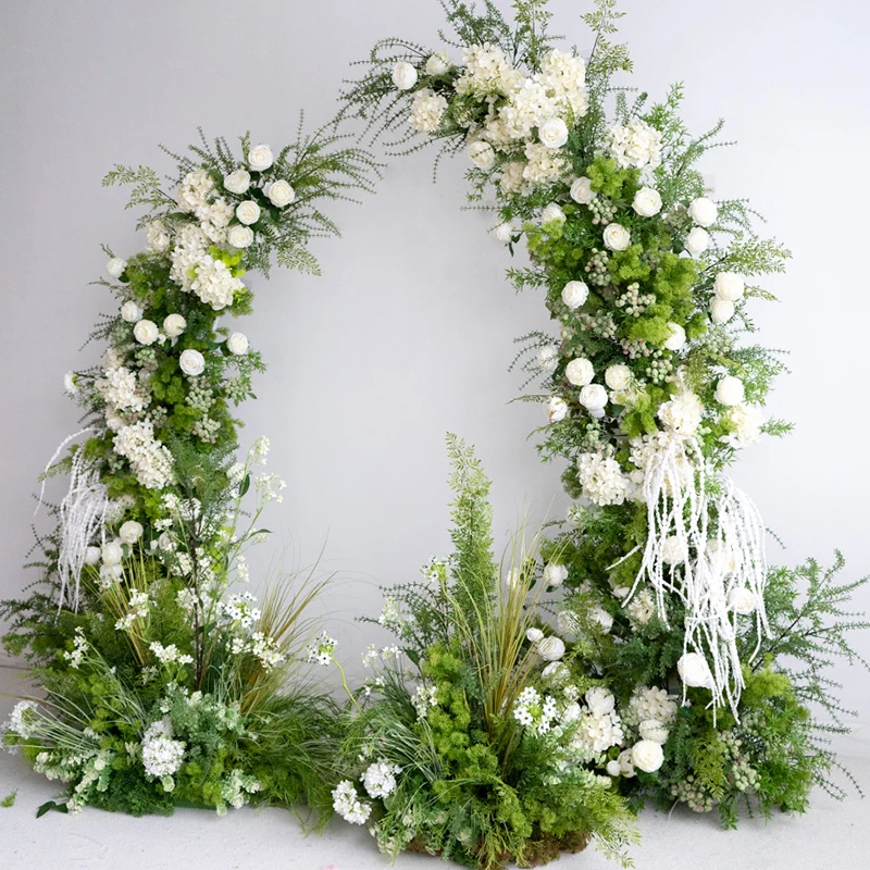 أوراق النباتات الخضراء وخلفية صف الزهور البيضاء للزفاف ، حامل قوس القرن ، ممر المسرح ، لوازم الترتيب ، ديكور الأرضيات #2