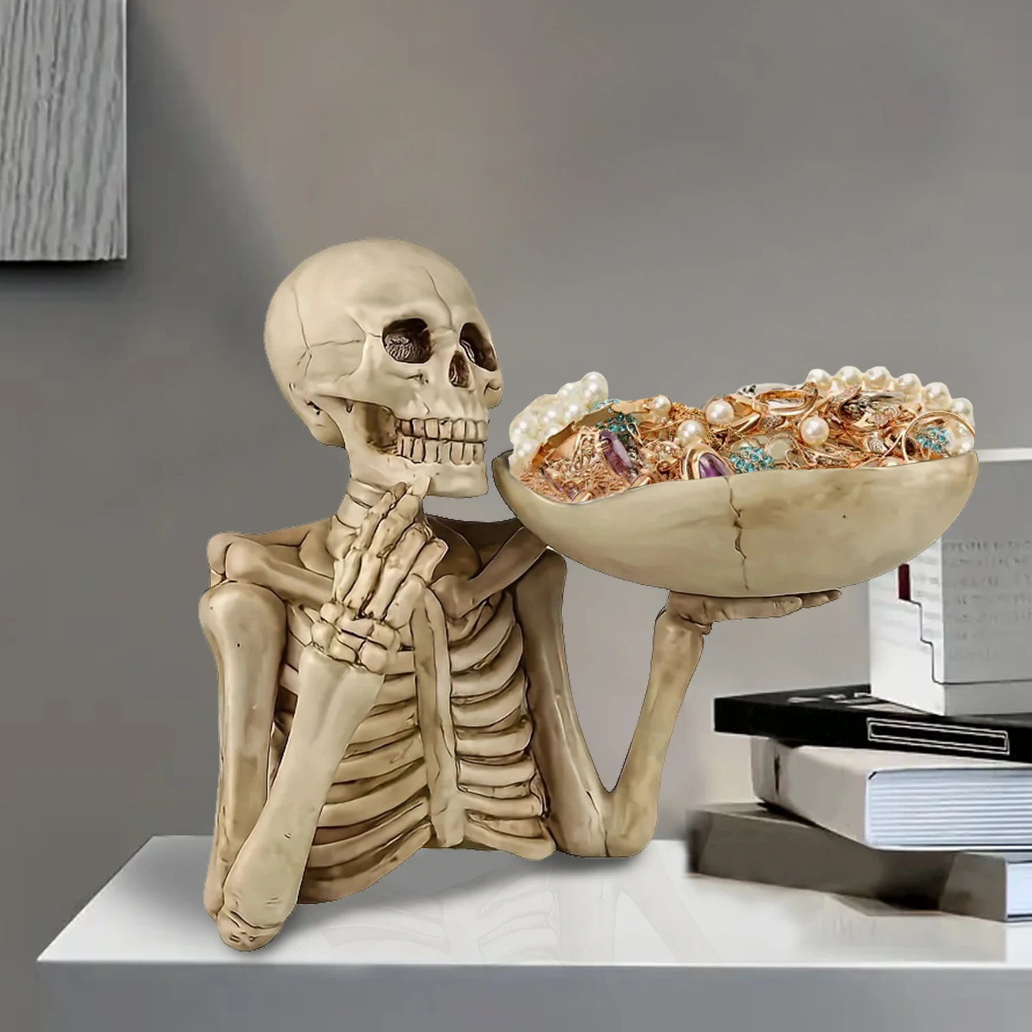 1pc Resin Skull Tray Ornament with Bowl – Unique Skeleton Design for Indoor&Outdoor Decor,Perfect for Halloween,Day of The Dead
