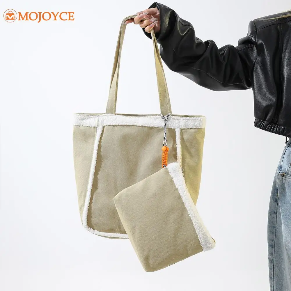 Women Lamb Hair Spliced Handbag Winter Canvas Retro Underarm Bag Large Capacity Hobo Bag Designer Tote Solid Ladies Shoulder Bag