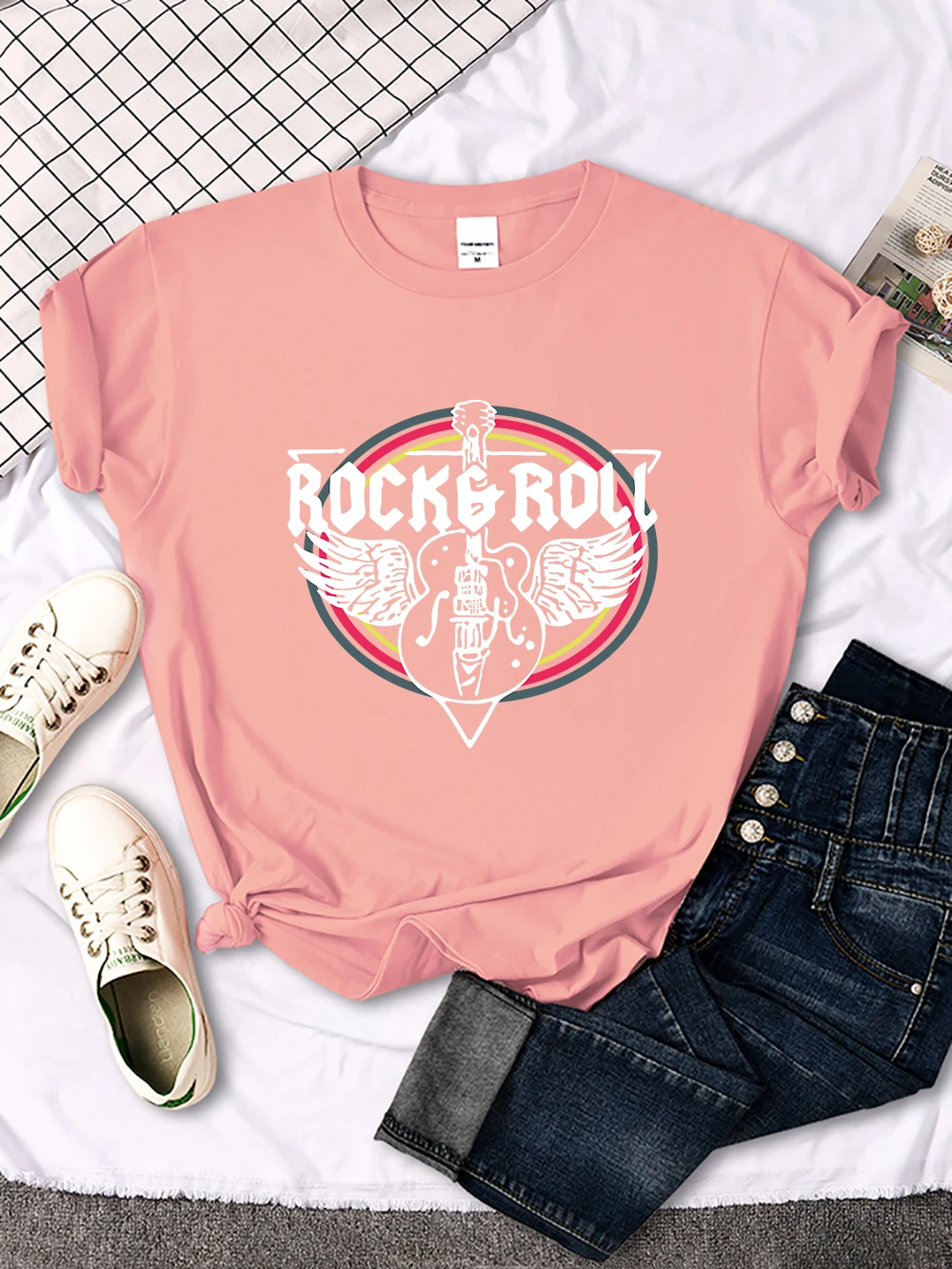 Rock Roll Electric Guitar Printed T-Shirt Women Casual Comfortable Tops Breathable Cool Short Sleeve O-Neck Street Tee Clothing